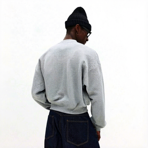 Oversized Gray French Terry <b>Half</b> <b>Zip</b> <b>Sweatshirt</b> <b>Men</b> Button Up Collar Embroidered Letter Design Casual Autumn Wear - Product Image 2