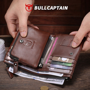 BULLCAPTAIN Men Genuine Leather <b>Wallet</b> Vintage <b>RFID</b> <b>Blocking</b> Anti‑Theft Folding <b>Wallet</b> ID Window Coin Pocket and Zipper Closure - Product Image 3