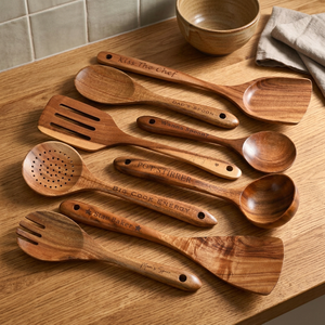 Ensemble d'ustensiles de cuisine en bois avec poignées gravées, cuillère de service à long manche durable, design minimaliste pour la cuisine - Product Image 3
