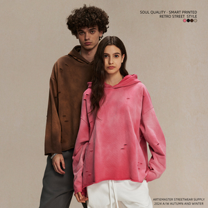 Wholesale 450g Men's Women's Custom Logo Hoodie Fashion Water <b>Spray</b> Print Irregular Holes Rough Edge Old Wash 3D Made <b>Fabric</b> - Product Image 2