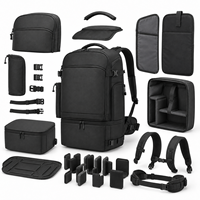 Grand sac à dos pour appareil photo noir, sac de photographie DSLR avec compartiment inférieur pour équipement, poche latérale à cordon de serrage, ceinture de taille