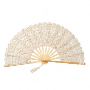Elegante Abanico Plegable de Encaje de Algodón - Borlas de Bambú y Seda Vintage, Personalizado para Regalos de Boda, Fiesta y Baile - Product Image 1