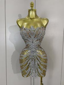 <span class=keywords><strong>Robe</strong></span> mini transparente sexy sans bretelles Shining Diamond pour femmes, soirée, anniversaire, boîte de nuit, danseuse, performance, costume de scène - Product Image 1