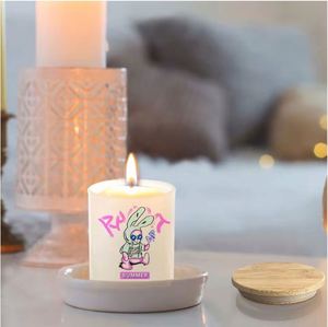 Frascos de vidrio esmerilado transparente de boca ancha y coloridos para velas aromáticas, con soporte de bambú blanco mate y logotipo grabado, estilo linterna, para Pascua - Product Image 4