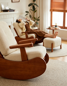 Sillón mecedora retro de madera maciza con otomana, conjunto de sillón reclinable tapizado en pana para sala de estar - Product Image 3