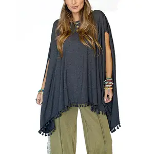 customized uneven bottom edge cutest tassel boutique tunic ultra soft poncho style tunic blouse for women