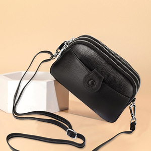Women's Genuine Leather Crossbody <b>Bag</b> With Zippered Pockets And Phone <b>Compartment</b> Black <b>Multi</b> Layered Everyday Use Spring 2025 - Product Image 1