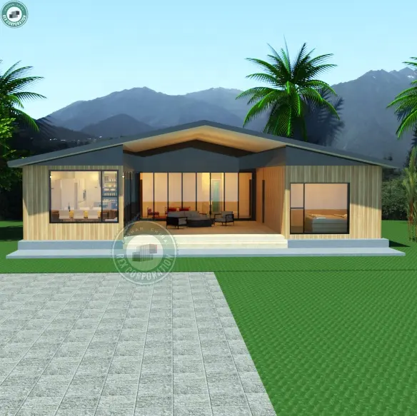 150sqm 4 Bedroom Container Villa Wood Cladded with Double Pitch Roof Residential for Family Living House in Croatia