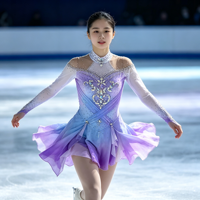 Robe de patinage artistique dégradé violet-bleu, manches longues, dos orné de chaînes de strass, costume de compétition personnalisé pour enfants, adolescents et adultes, OEM