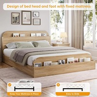 Cadre de lit double moderne blanc minimaliste à plateforme basse avec tête de lit et pied de lit de rangement pour la maison et l'hôtel
