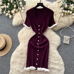 Nouvelle robe d'été pour femmes, col rabattu, manches courtes, boutons décoratifs, robe en tricot - Product Image 6