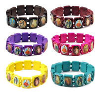 Bracelet catholique en bois extensible élastique avec images de saints religieux jésus et chapelet baptême en bois chrétien 1ère