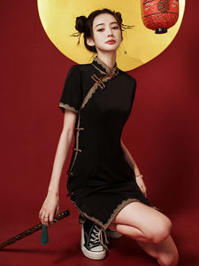 Nuevo verano cheongsam <span class=keywords><strong>ropa</strong></span> <span class=keywords><strong>tradicional</strong></span> <span class=keywords><strong>china</strong></span> Vestido corto de color negro elegante mujeres niñas vestidos negros fábrica para mujeres - Product Image 2