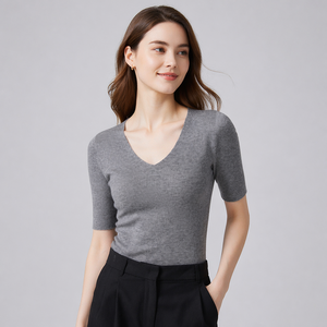 Suéter de Punto Liso con Cuello en V, 100% <span class=keywords><strong>Lana</strong></span>, Diseño Sostenible y Moderno, Manga Corta, para Mujer, Estilo <span class=keywords><strong>Merino</strong></span> - Product Image 1