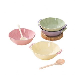 Tazones de cerámica estilo crema con esmalte de color, aptos para microondas, de alto valor estético, para sopa, yogur y desayuno, con doble asa, ideales para cumpleaños. - Product Image 5