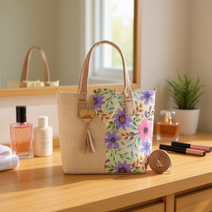 Bolso Cosmético Organizador de Maquillaje Fana Darcy para Dama de Yute Suave y PVC con Patrón de Hilo Caramelo Impreso y Cierre de Cremallera - Product Image 2