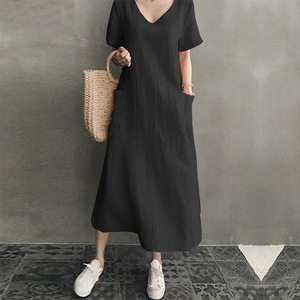 V-neck Cotton Linen <b>Loose</b> <b>Dress</b> Women Summer Casual Solid Color Vintage Style Daily Wear Long Sleeveless <b>Dress</b> - Product Image 4