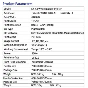 Sunikaロゴ印刷機EpsF1080DtfプリンターA3デジタルTシャツダイレクトフィルムプリンター自動顔料インク付き