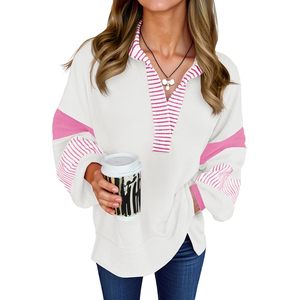 Sudadera Oversize de Bloques de Color para Mujer, Cuello Polo en V, Manga Larga, Casual, Holgada, Tejida Transpirable para Primavera - Product Image 1