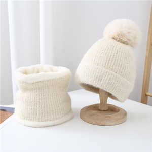 ชุดผ้าพันคอหมวกถักสำหรับผู้หญิ<span class=keywords><strong>ง</strong></span>,หมวกปอมปอมทำจากขนมิง<span class=keywords><strong>ค</strong></span>์เลียนแบบ<span class=keywords><strong>แบ</strong></span>บเรียบปี<span class=keywords><strong>2021</strong></span> - Product Image 4