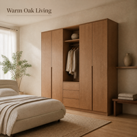 Armoire sur mesure GoldenHome en chêne chaud |   Conception pleine hauteur |   Espace de rangement suspendu avec LED |   Tiroirs sans poignées |   Rangement de chambre à coucher