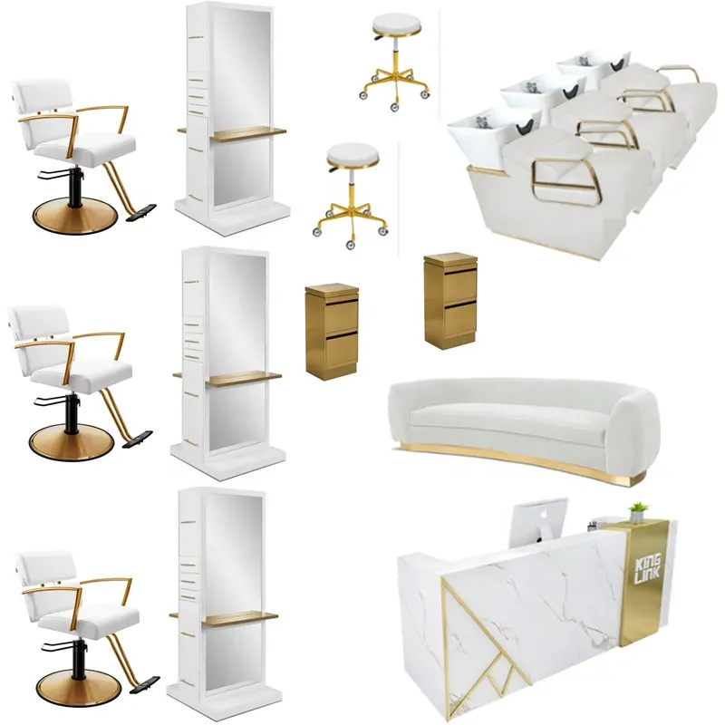 Conjunto de muebles de salón de diseño moderno, salón de peluquería dorado, estaciones de estilismo de espejo