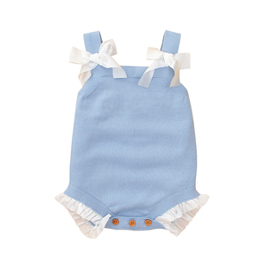 Mimixiong Vente en gros Vêtements pour bébés et enfants Combinaison en jersey tricoté à volants pour bébés filles, barboteuse unie de boutique avec nœud à l'épaule - Product Image 1