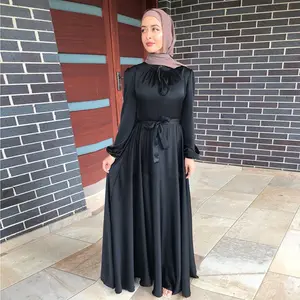 2023 New Women Muslim Satin Silk Puff Elegant Modest Dubai Long Sleeve lace-up Abaya Kaftan Muslim Satin Maxi Dress