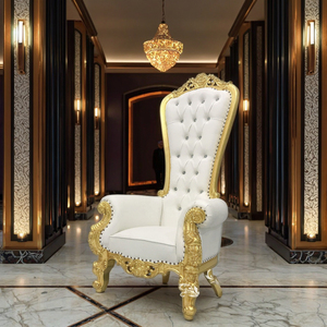 Sedia Reale <span class=keywords><strong>in</strong></span> <span class=keywords><strong>Legno</strong></span> Dorato Massiccio con Rivestimento <span class=keywords><strong>in</strong></span> PU Bianco per Sala da Pranzo e Soggiorno di Hotel - Product Image 4
