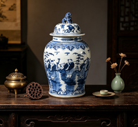 Vas Keramik Antik Cina Bergaya Art Deco dengan Gagang Singa Biru Putih yang Dilukis Tangan, Dilengkapi Tutup untuk Dekorasi Rumah dan Ornamen Tembikar