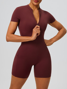 Mono de yoga de manga corta con cremallera para <span class=keywords><strong>mujer</strong></span>, estilo europeo-americano, con bolsillos funcionales, levantacaderas, ajustado, personalizable, deportivo, de una pieza. - Product Image 5