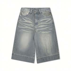 Distressed Washed Straight-<b>leg</b> Cropped Trousers for Men Jorts Summer Creases and Whitening <b>Wide</b>-<b>leg</b> Loose Casual Tweed <b>Shorts</b> - Product Image 1