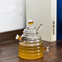 Pot de miel en verre décoré d'abeille fait à la main avec couvercle et cuillère en forme de nid d'abeille pour la cuisine pour la nourriture