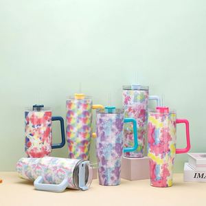 DD2053 2023 Mug isotherme sous vide en acier inoxydable de 40 oz avec poignée, couvercle et paille, gobelet de voyage, tasse cadeau, motif Tie Dye pour voiture - Product Image 2