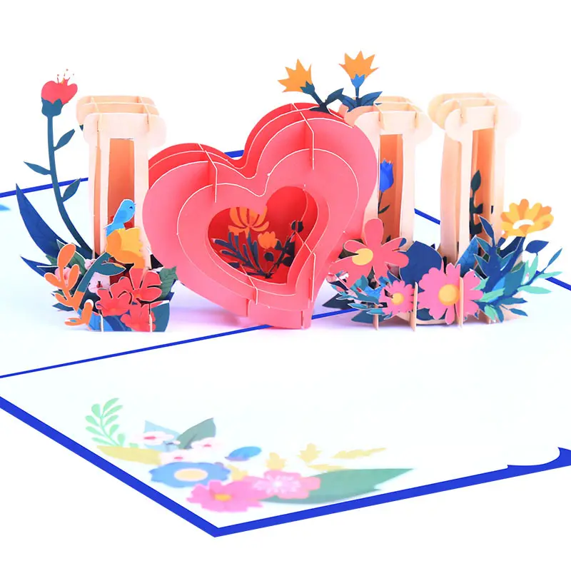 3D ป๊อปอัพการ์ดอวยพรกระดาษที่กำหนดเองด้วยโลโก้โรแมนติกตัดเลเซอร์หวาน ILOVEYOU สุขสันต์วันวาเลนไทน์ความรักและการแสดงออก