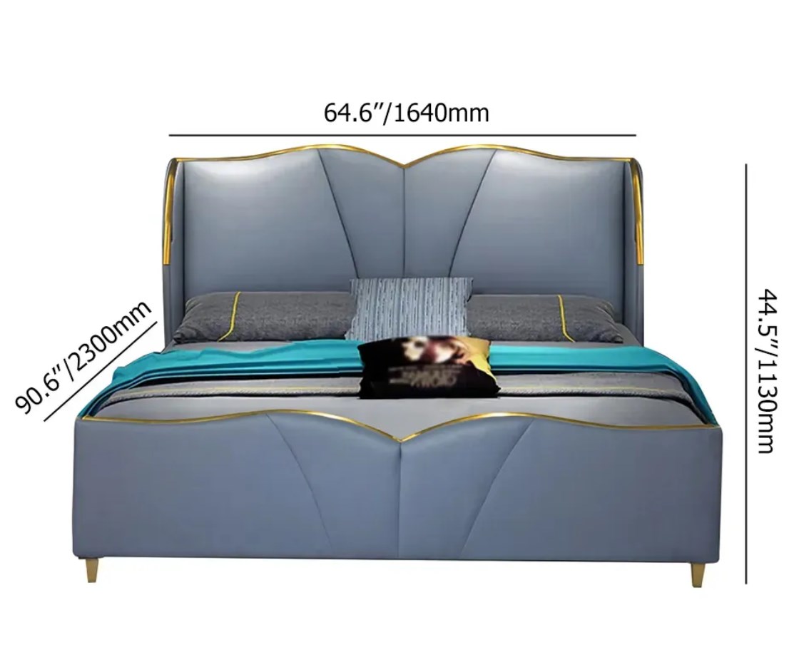 Blue queen faux leather upholstered bed frame low profile platform bed