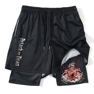 Anime Attack <span class=keywords><strong>Titan</strong></span> Black Short de gym pour hommes <span class=keywords><strong>2</strong></span>-en-1 Mesh Quick Dry Fitness Board Shorts pour l'été Bodybuilding Short Pants - Product Image 1