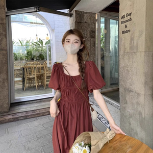 French Style Square Neck <b>Dress</b> <b>Elastic</b> Waist Solid Color Blue Burgundy Long Casual <b>Dress</b> Daily Wear - Product Image 2