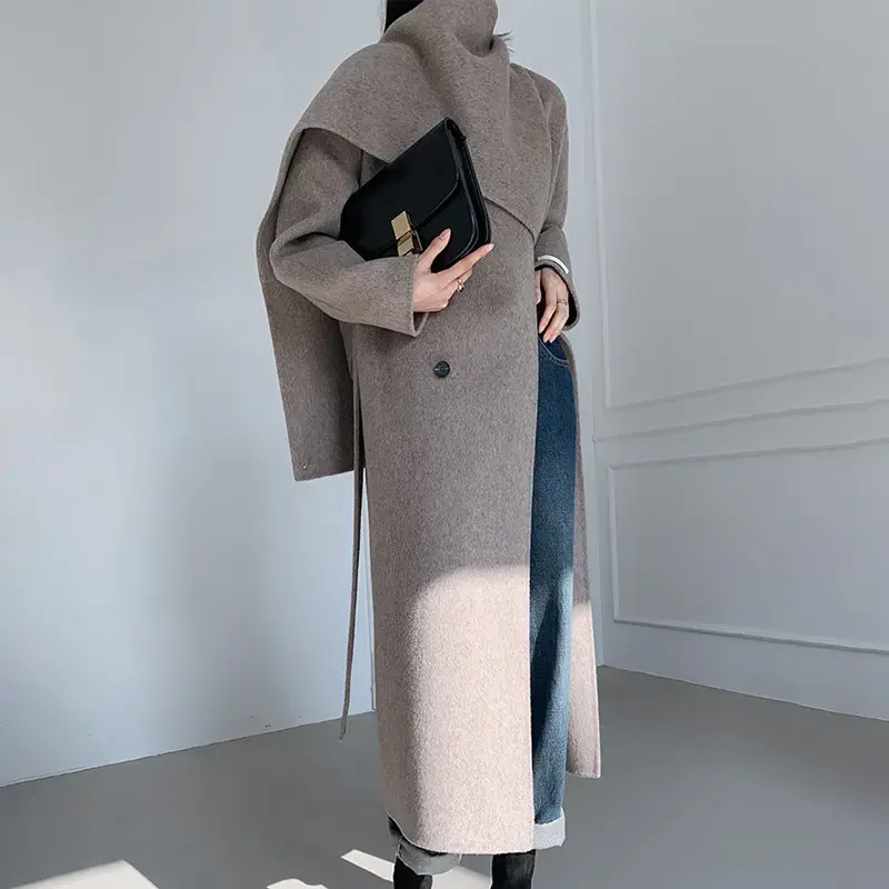 Otoño mujer bufanda cuello largo abrigo de lana de Cachemira abrigo de lana de doble cara