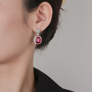 Vintage Jewelry Eco-friendly Copper Silver Plated Oval Cut 10*12mm Red Zircon Halo Dangle Drop <b>Earrings</b> for Women - Product Image 6