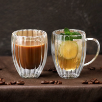 Tasse à café en verre borosilicate transparent à double paroi avec poignée, design à rayures verticales résistantes à la chaleur
