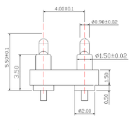 Connecteur Pogo Pin PCB en laiton plaqué or, type enfichable 2P, distance entre centres de 4,0 mm