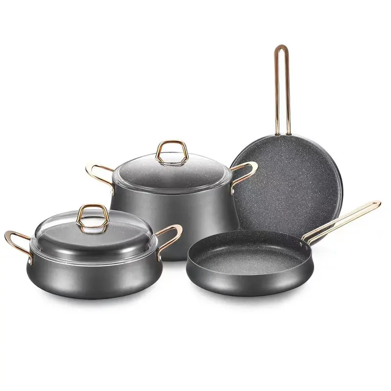 DSFOM 8519, juego de ollas ecológicas de aluminio para el vientre, olla de cocina de aluminio con mango dorado, caja de Color, juegos de utensilios de cocina europeos