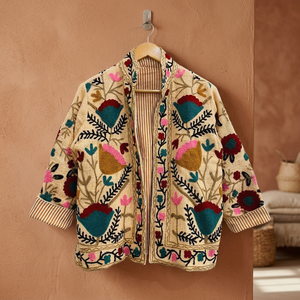 Veste bomber en coton à motif floral matelassé, brodée Suzani, tricotée, écologique, col en V, manches longues, automne-hiver pour femmes - Product Image 2