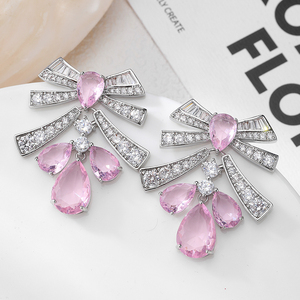 أقراط متدلية جميلة من الزركون بعقدة فراشية ، مجوهرات حفلات نسائية أنيقة ، أقراط فاخرة بحجارة على شكل قطرة ماء ، أقراط متدلية لحفلات الزفاف - Product Image 3