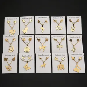 High Quality Dubai 18K Gold Plated Waterproof Stainless Steel Butterfly Unicorn Pendant Necklace Earring Set with Flower Pattern