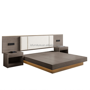 <b>Low</b> Cost Hotel Bedroom Furniture Custom King queen Wood Panel <b>Bed</b> <b>Frame</b> with Fabric Padded Headboard & & Integrated Side Tables - Product Image 1