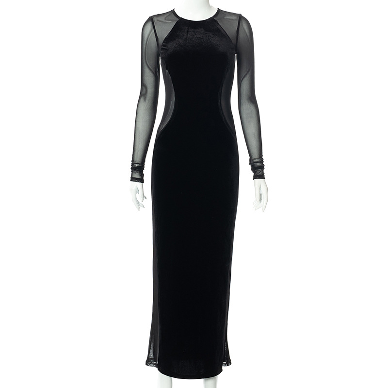 Winter New Arrivals Black Mesh Long Sleeve Bodycon Women Dresses Wholesale