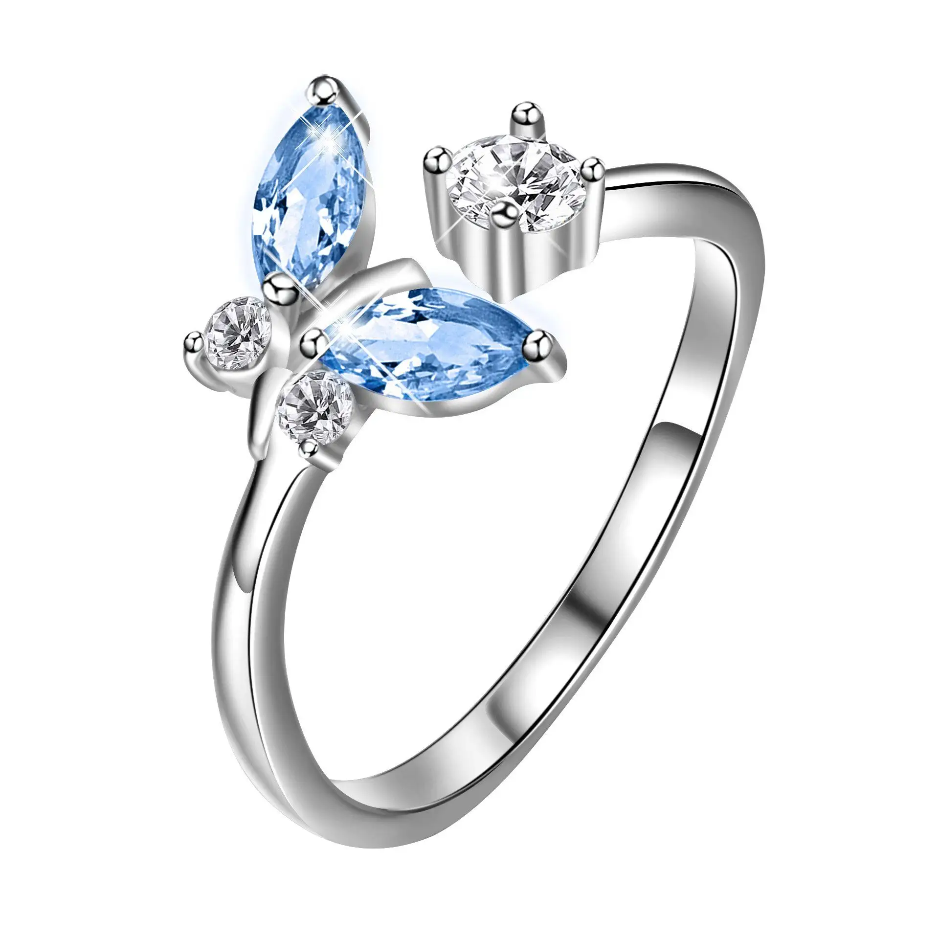 Anillo de mariposa abierto Ajustable con ajuste de punta de cristal azul de diseño personalizado de Plata de Ley 925