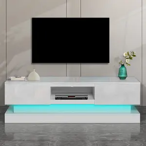 Soporte de TV LED UV de alto brillo de estilo moderno, muebles de sala de estar de madera con escaparate y cajones de almacenamiento